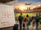 Calendario del Mundial 2026 en junio y julio con aficionados viajando hacia un estadio de fútbol