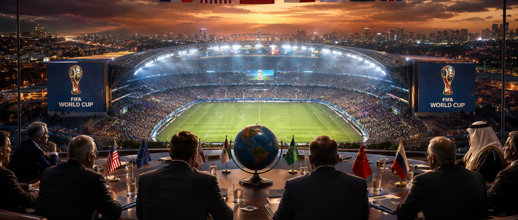 Líderes mundiales observando un estadio durante un Mundial de la FIFA en un contexto geopolítico