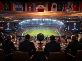 Líderes mundiales observando un estadio durante un Mundial de la FIFA en un contexto geopolítico