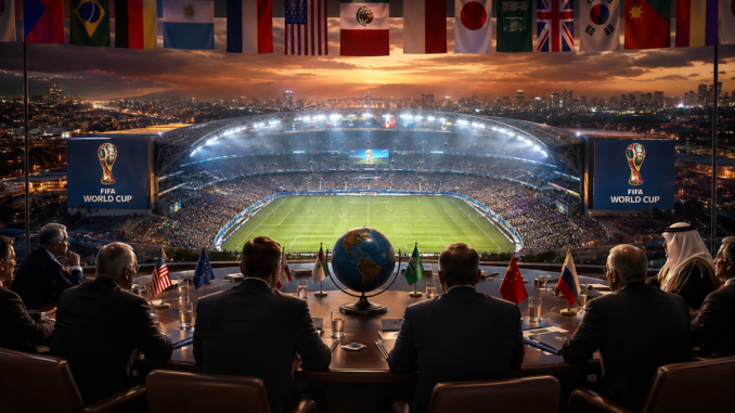 Líderes mundiales observando un estadio durante un Mundial de la FIFA en un contexto geopolítico