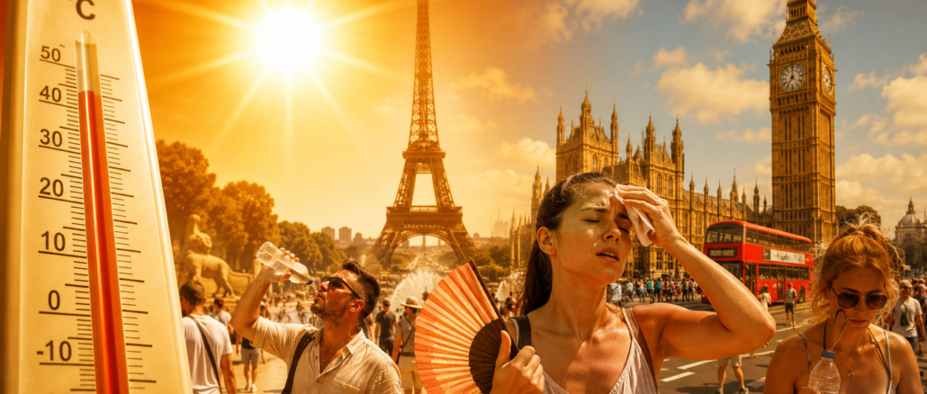 Europa enfrenta una intensa ola de calor con temperaturas récord y personas afectadas por el calor extremo en ciudades como París y Londres. Imagen IA con fines ilustrativos.