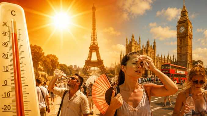 Europa enfrenta una intensa ola de calor con temperaturas récord y personas afectadas por el calor extremo en ciudades como París y Londres. Imagen IA con fines ilustrativos.