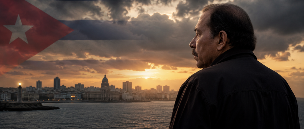 Daniel Ortega observa el horizonte mientras la incertidumbre sobre el futuro político de Cuba plantea interrogantes sobre la estabilidad del régimen nicaragüense. Imagen IA con fines ilustrativos.
