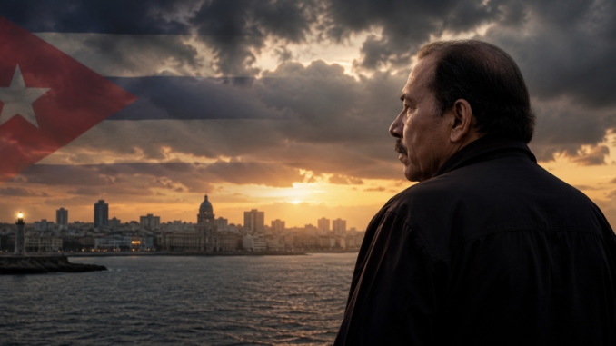 Daniel Ortega observa el horizonte mientras la incertidumbre sobre el futuro político de Cuba plantea interrogantes sobre la estabilidad del régimen nicaragüense. Imagen IA con fines ilustrativos.