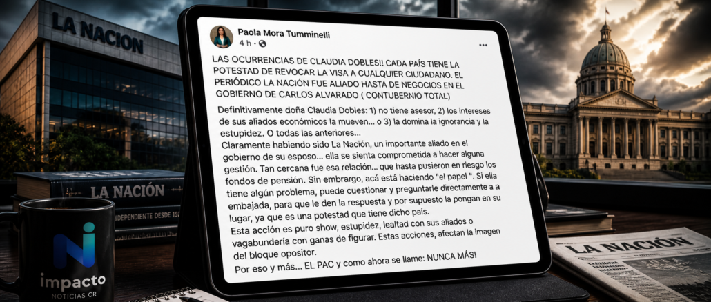 Paola Mora publicación contra Claudia Dobles en tablet con edificio de La Nación Costa Rica Impacto Noticias CR