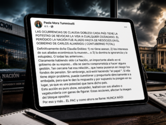 Paola Mora publicación contra Claudia Dobles en tablet con edificio de La Nación Costa Rica Impacto Noticias CR