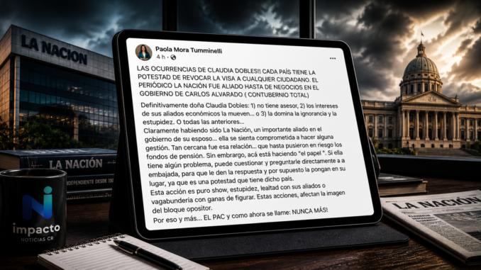 Paola Mora publicación contra Claudia Dobles en tablet con edificio de La Nación Costa Rica Impacto Noticias CR