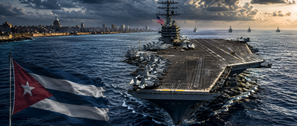Portaaviones de Estados Unidos navega cerca de Cuba en medio de crecientes tensiones geopolíticas en el Caribe. Imagen IA con fines ilustrativos.