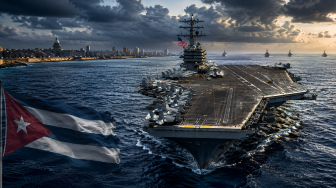 Portaaviones de Estados Unidos navega cerca de Cuba en medio de crecientes tensiones geopolíticas en el Caribe. Imagen IA con fines ilustrativos.