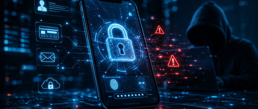 Smartphone con sistema de ciberseguridad y protección de datos personales frente a ataques digitales