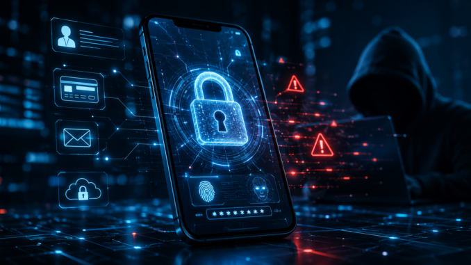 Smartphone con sistema de ciberseguridad y protección de datos personales frente a ataques digitales