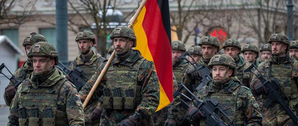 Rearme alemán con soldados portando bandera de Alemania durante despliegue militar en Berlín