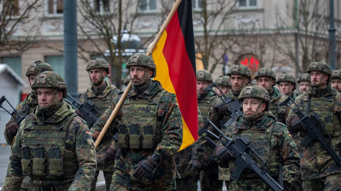 Rearme alemán con soldados portando bandera de Alemania durante despliegue militar en Berlín