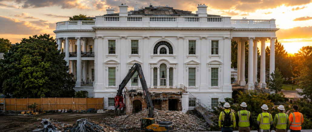 Obras de remodelación en una sección de la Casa Blanca durante la nueva administración de Donald Trump