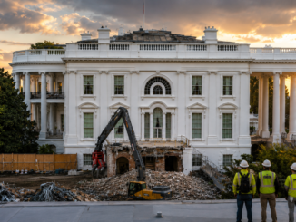 Obras de remodelación en una sección de la Casa Blanca durante la nueva administración de Donald Trump