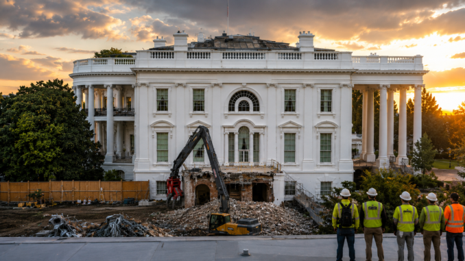 Obras de remodelación en una sección de la Casa Blanca durante la nueva administración de Donald Trump