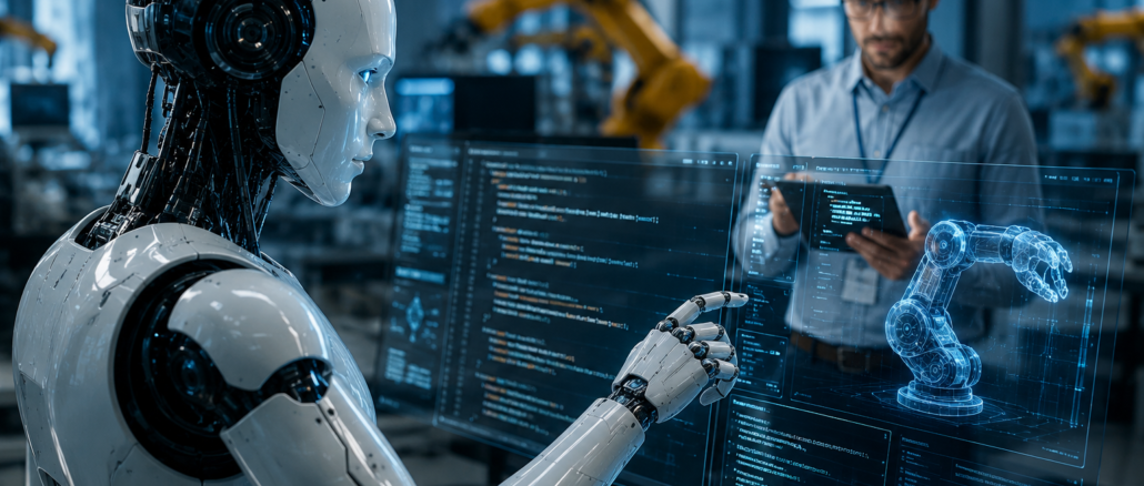 Robot humanoide utilizando inteligencia artificial en laboratorio tecnológico futurista