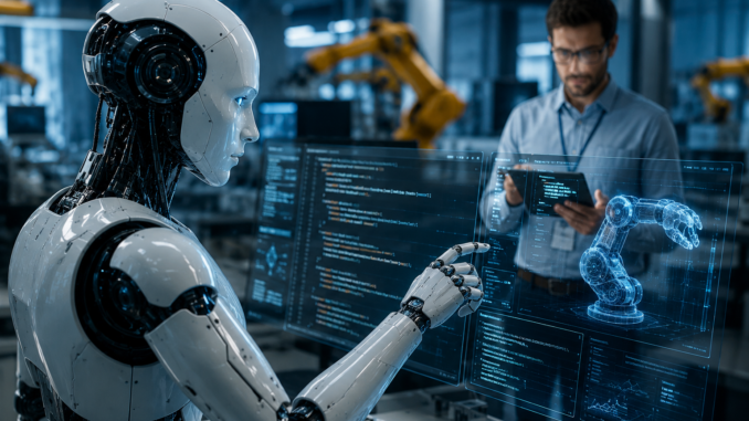 Robot humanoide utilizando inteligencia artificial en laboratorio tecnológico futurista