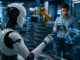 Robot humanoide utilizando inteligencia artificial en laboratorio tecnológico futurista