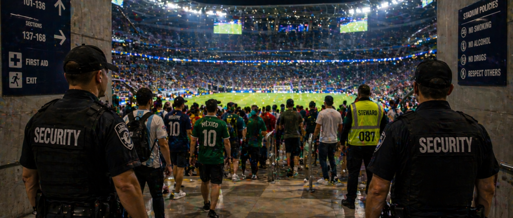 seguridad mundial 2026 control acceso estadio aficionados interior vigilancia