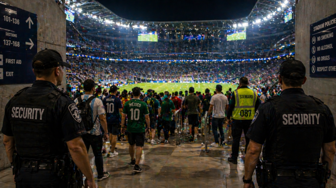 seguridad mundial 2026 control acceso estadio aficionados interior vigilancia
