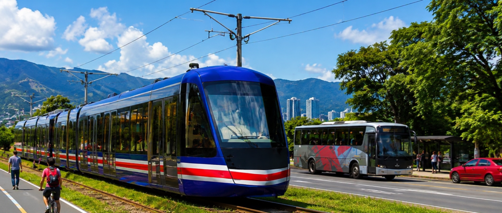 Tren eléctrico moderno circulando en la Gran Área Metropolitana de Costa Rica