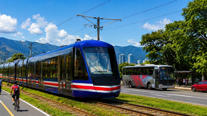 Tren eléctrico moderno circulando en la Gran Área Metropolitana de Costa Rica