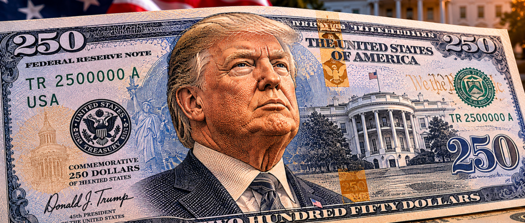 Propuesta conceptual de un billete de 250 dólares con la imagen de Donald Trump en Estados Unidos.