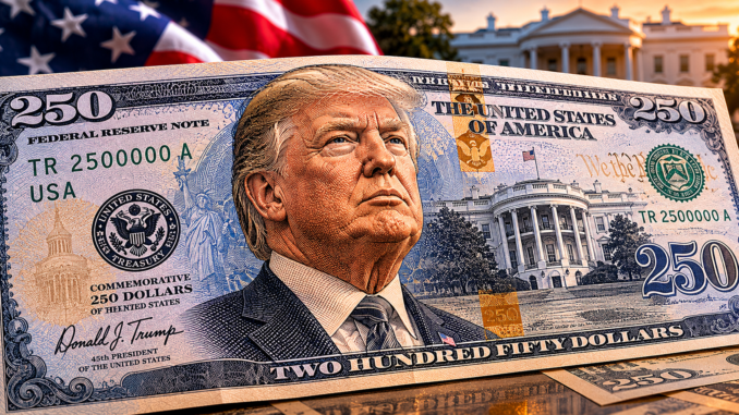 Propuesta conceptual de un billete de 250 dólares con la imagen de Donald Trump en Estados Unidos.
