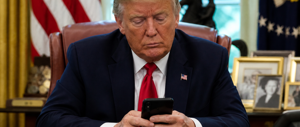 trump imagen ia iran revisando celular despacho oval mensaje politico