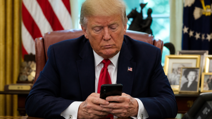trump imagen ia iran revisando celular despacho oval mensaje politico