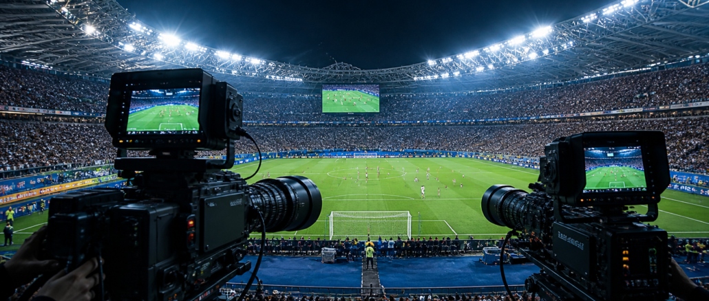Derechos de TV Mundial 2026 cámaras de transmisión en estadio lleno durante partido internacional