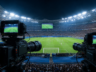Derechos de TV Mundial 2026 cámaras de transmisión en estadio lleno durante partido internacional
