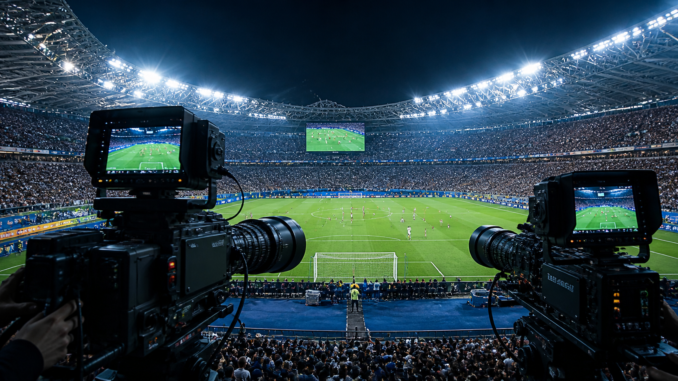 Derechos de TV Mundial 2026 cámaras de transmisión en estadio lleno durante partido internacional