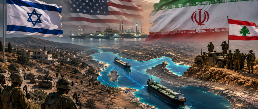 Representación geopolítica del acuerdo entre Estados Unidos e Irán, el Estrecho de Ormuz y las tensiones por la presencia israelí en Líbano.
