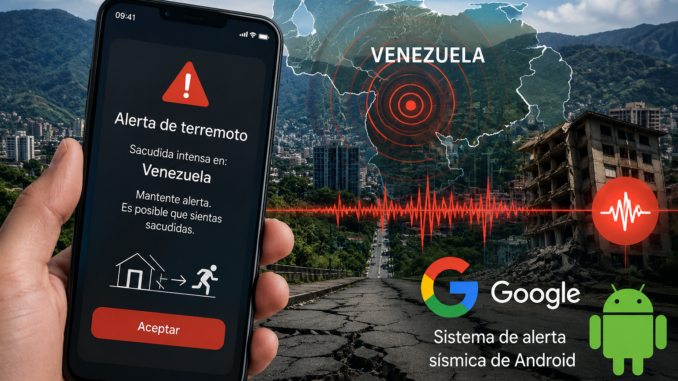 Teléfono Android mostrando una alerta sísmica de Google durante los terremotos registrados en Venezuela.