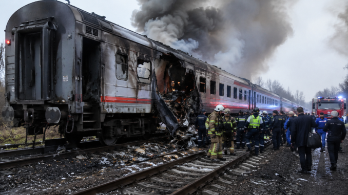 Tren dañado tras un ataque con dron en Crimea durante el conflicto entre Rusia y Ucrania.