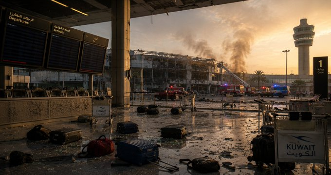 Daños en el Aeropuerto Internacional de Kuwait tras un ataque con misiles durante la escalada del conflicto en Medio Oriente.