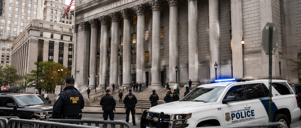 Fachada de una corte federal en Nueva York bajo fuerte seguridad mientras avanza el proceso judicial contra Nicolás Maduro.