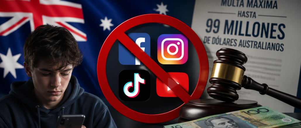Ilustración conceptual sobre la nueva ofensiva de Australia contra las redes sociales para menores de 16 años y el aumento de las multas a las plataformas digitales.