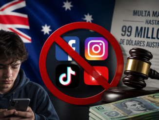 Ilustración conceptual sobre la nueva ofensiva de Australia contra las redes sociales para menores de 16 años y el aumento de las multas a las plataformas digitales.