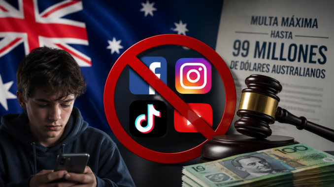 Ilustración conceptual sobre la nueva ofensiva de Australia contra las redes sociales para menores de 16 años y el aumento de las multas a las plataformas digitales.