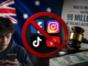 Ilustración conceptual sobre la nueva ofensiva de Australia contra las redes sociales para menores de 16 años y el aumento de las multas a las plataformas digitales.