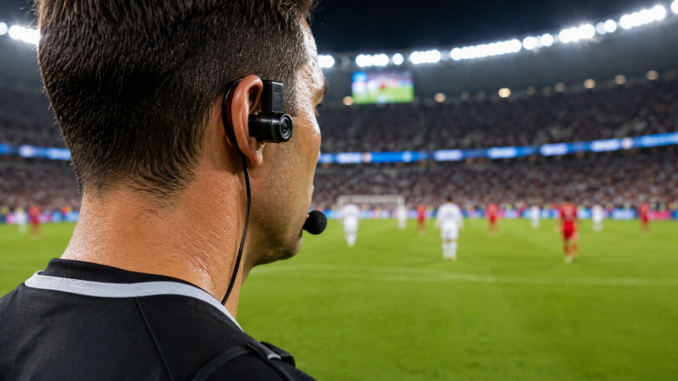 Árbitro de fútbol utilizando la cámara RefCam durante un partido del Mundial 2026.