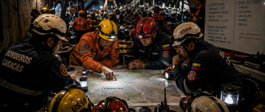 Rescatistas coordinan las labores de búsqueda sobre un mapa de Caracas dentro de un centro de operaciones tras el terremoto en Venezuela.