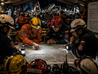 Rescatistas coordinan las labores de búsqueda sobre un mapa de Caracas dentro de un centro de operaciones tras el terremoto en Venezuela.
