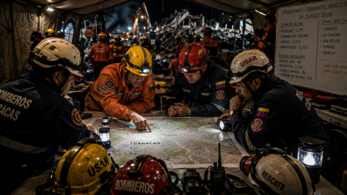 Rescatistas coordinan las labores de búsqueda sobre un mapa de Caracas dentro de un centro de operaciones tras el terremoto en Venezuela.