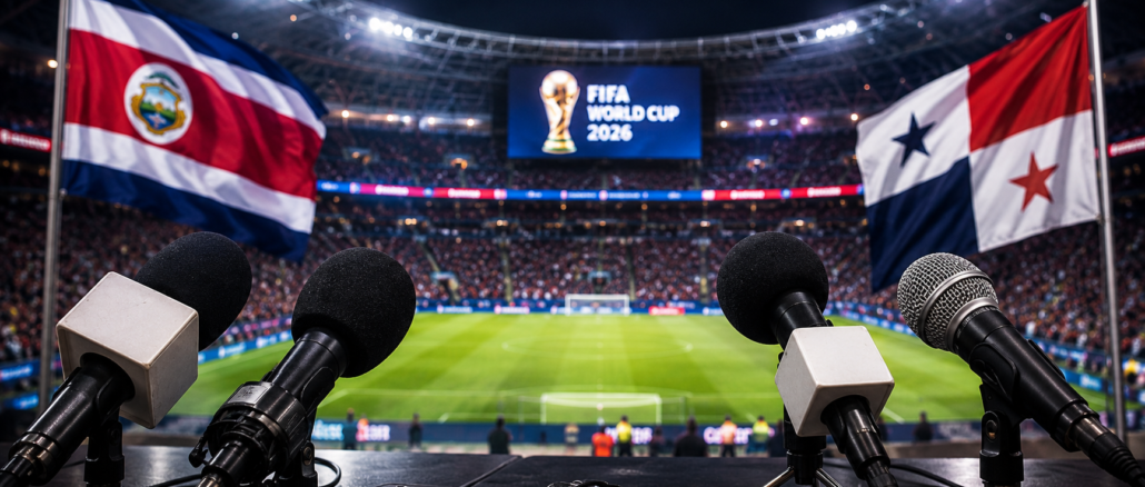 Micrófonos frente a las banderas de Costa Rica y Panamá durante una polémica mediática relacionada con el Mundial 2026.