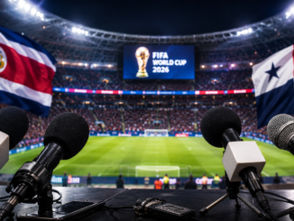 Micrófonos frente a las banderas de Costa Rica y Panamá durante una polémica mediática relacionada con el Mundial 2026.