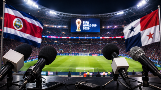 Micrófonos frente a las banderas de Costa Rica y Panamá durante una polémica mediática relacionada con el Mundial 2026.